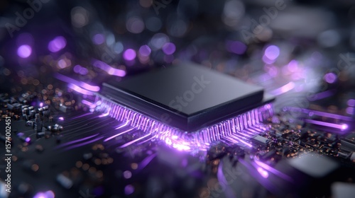 Glowing Purple Computer Chip on Circuit Board