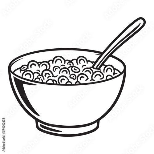 Simple black and white illustration of a bowl of cereal with a spoon for breakfast