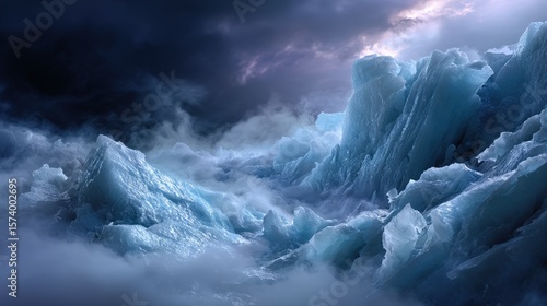 Icy Blue Glacier Peaks Under a Dramatic Dark Sky