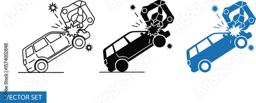 Vector set showing car being crushed by a metal claw in three color variations