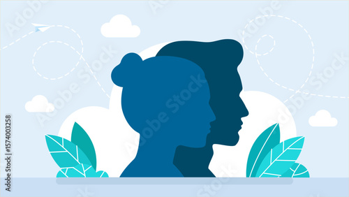 A man and a woman are looking together in the same direction. Man and woman silhouette face to face. Man`s and woman`s face silhouette. Beauty salon, spa, massage, cosmetic shop. Vector illustration