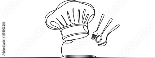 Chef's hat and utensils in single line art style with light and shadows on a white background scene