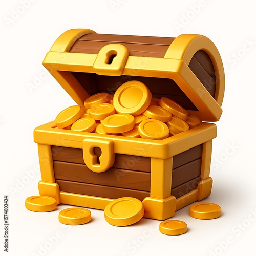 A treasure chest full of gold coins is isolated on white background