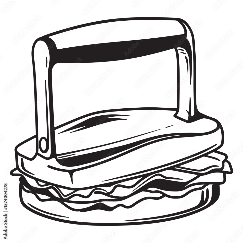 Vector illustration of a panini sandwich being pressed with a heavy grilling presser in black and white Vector illustration of a panini sandwich being pressed with a heavy grilling presser in black and white