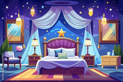 vector of Luxurious bedroom with white sheets and floating stars.