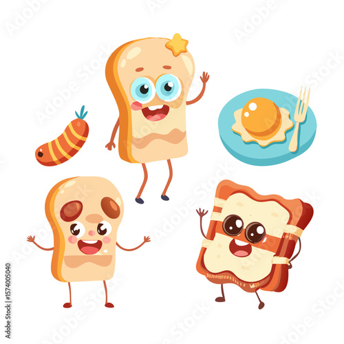 Retro groovy breakfast characters or cartoon food with funny faces, vector icons. Groovy breakfast characters or bacon and egg with porridge and toast ... See More
