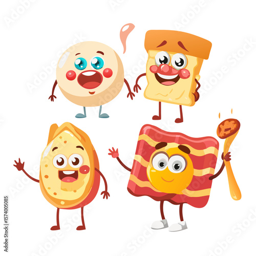 Retro groovy breakfast characters or cartoon food with funny faces, vector icons. Groovy breakfast characters or bacon and egg with porridge and toast ... See More
