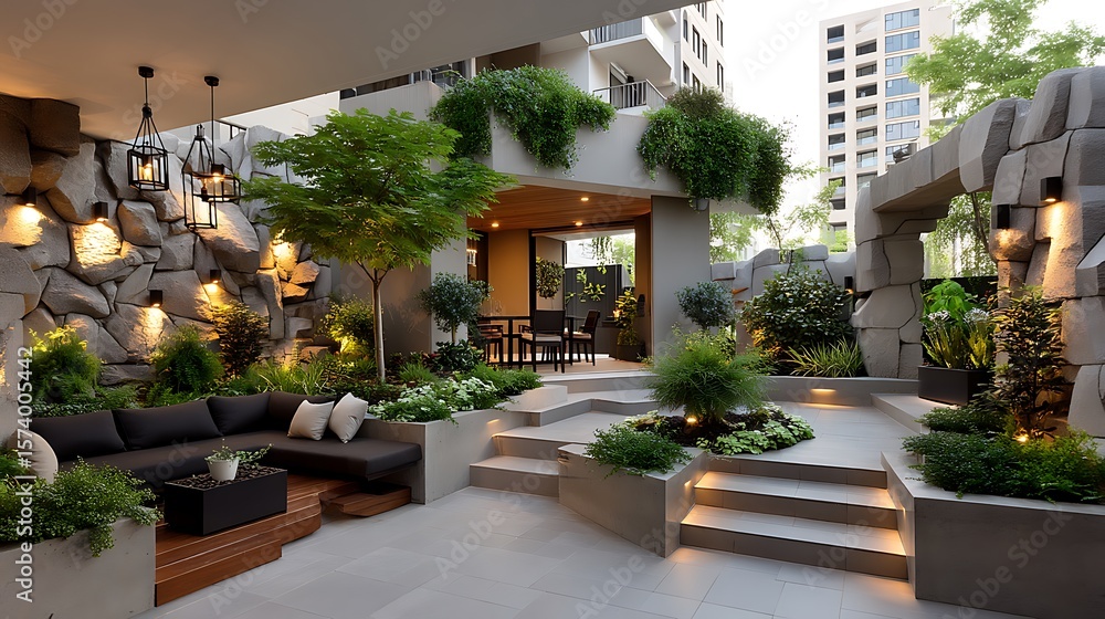 Contemporary outdoor kitchen with greenery accents high resolution photo Contemporary outdoor kitchen with greenery accents high resolution photo