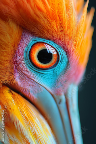 Close-Up of Colorful Tropical Bird Eye and Feathers. Extreme close-up of exotic bird with vibrant orange, blue, and pink feather detail.
