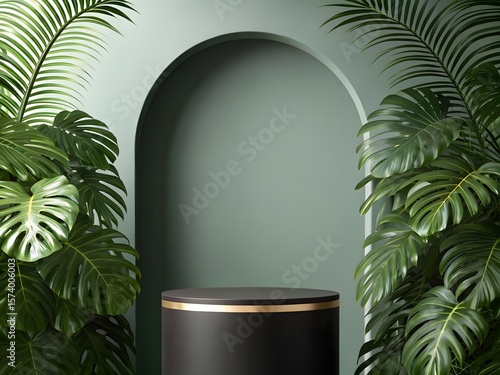 Modern black pedestal with gold trim surrounded by lush tropical plants and archway