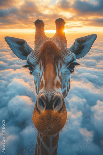 Giraffe Standing Above Clouds at Sunrise. Surreal view of a giraffe emerging through clouds with warm sunrise in background.