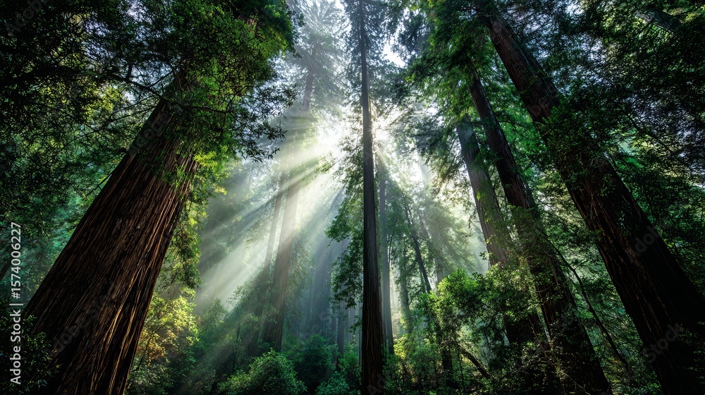 Obraz premium Enchanted Misty Forest with Towering Red-Barked Trees and Sunbeams Piercing Ancient Canopy