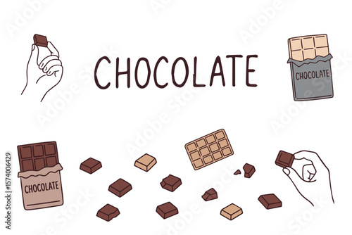Colored hand drawn sketch of chocolate pieces. Chocolate bars broken into pieces in doodle style. Design element for labels, packaging and cards. Vector illustration