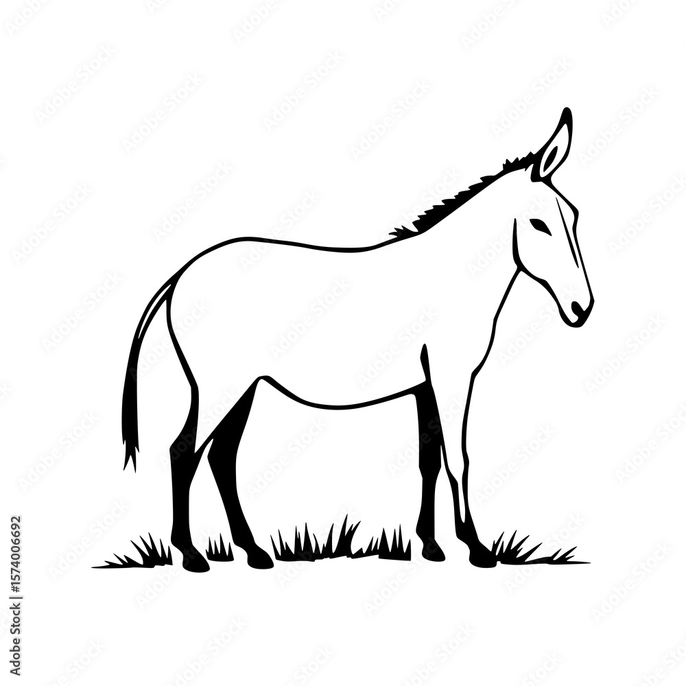 Obraz premium Donkey in Meadow: A simple line art illustration depicts a serene donkey standing in a grassy field, showcasing its elegant silhouette against a white background.