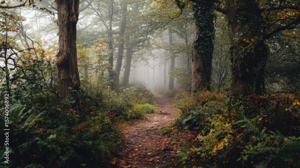 Fototapeta premium A serene forest path winds through the autumn woods, shrouded in a gentle mist, inviting a peaceful walk.