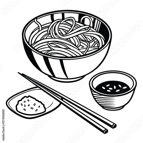 Black and white illustration of noodle bowl with condiments and chopsticks