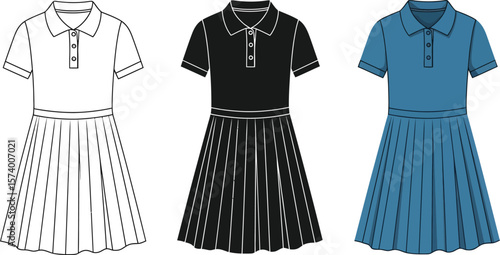 Three dresses with polo shirts and pleated skirts in white black and blue color