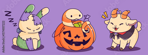 Kawaii Halloween character - sleepy Frankenstein bunny with stitches, smiling snake inside jack o lantern full of candy, happy goat wearing dark cape. Cute spooky animals for children party design.