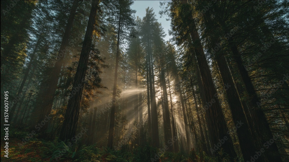 Fototapeta premium Enchanted Misty Forest with Towering Red-Barked Trees and Sunbeams Piercing Ancient Canopy