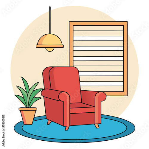 Red armchair in cozy room interior with plant and lamp illustration