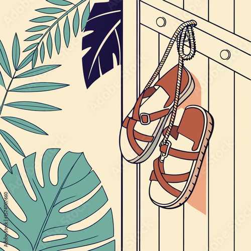 Tropical getaway with sandals hanging near palm leaves and wooden structure