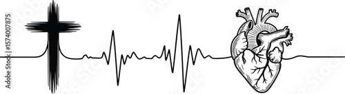 A line drawing showing a cross, an ekg heart rhythm, and a heart on a white background design art
