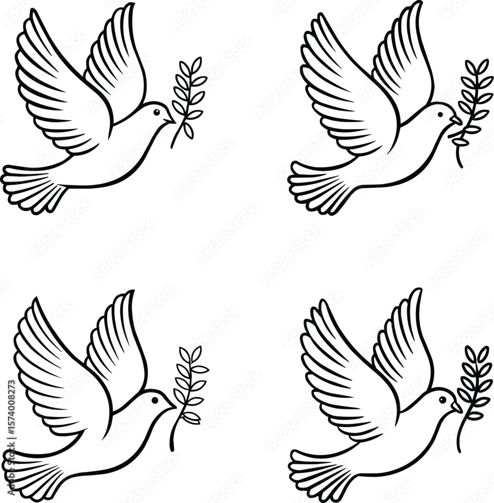 Fototapeta premium Dove of Peace Vector Illustrations - Olive Branch Symbolism