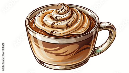   close up A creamy cappuccino swirls in a clear glass mug, topped with delicate milk art resembling a leaf. Chocolate shavings dust the surface. Everything rests beautifully on a white background.