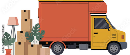 A moving truck with new beginnings text beside boxes lamp and plants for relocation and new home concept
