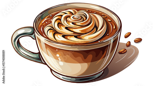   close up A creamy cappuccino swirls in a clear glass mug, topped with delicate milk art resembling a leaf. Chocolate shavings dust the surface. Everything rests beautifully on a white background.
