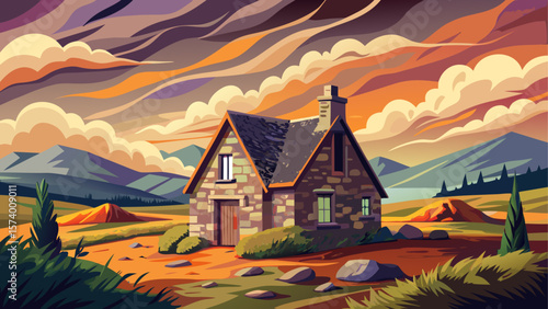 Traditional stone house situated on the historic Culloden Battlefield in Scotland. Surrounded by windswept moorland and dramatic skies, the cottage evokes a sense of history and solemn beauty