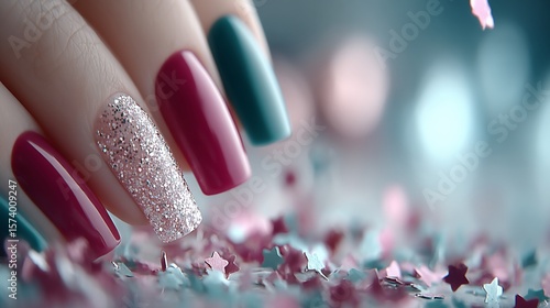 Hand with manicure showcasing colors and glitter. Confetti present