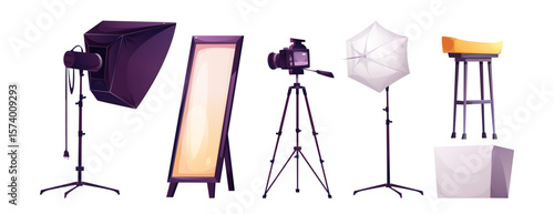 Cartoon photo studio equipment - softbox light on stand, floor mirror, camera on tripod, white umbrella reflector, stool and pedestal. Professional photography gear collection for creative workspace