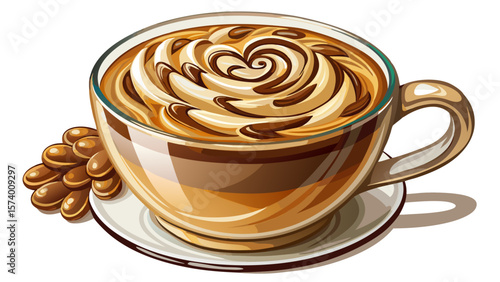   close up A creamy cappuccino swirls in a clear glass mug, topped with delicate milk art resembling a leaf. Chocolate shavings dust the surface. Everything rests beautifully on a white background.