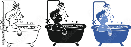 Three illustrations of a man relaxing in a bathtub under a running shower head