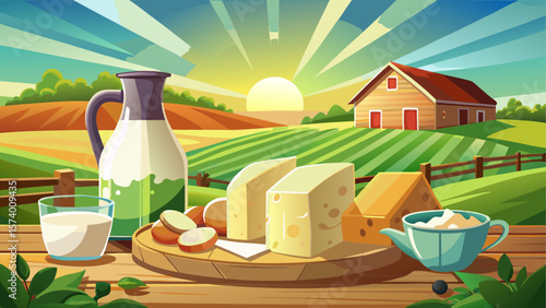Fresh milk, cheese, and cottage cheese beautifully arranged on a rustic wooden table at a countryside dairy farm. Sunlight gently illuminates the scene with a lush green field in the background