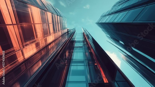 Modern office high rise skyscraper buildings, Low angle looking up of tall corporate buildings skyscraper