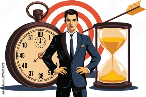 Confident businessman achieves goals with time management and strategic planning in modern business setting