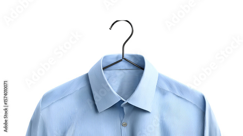 A light blue dress shirt hanging on a black hanger against a dark black studio backdrop for a clean look