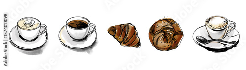 Watercolor Coffee and Pastry Set – Vector Illustration
