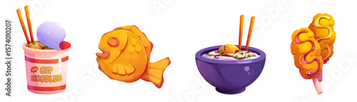 Cute Korean food cartoon icons - instant cup noodles, golden fish shaped taiyaki pastry, bowl of rice with chopsticks and crispy corn dog on stick. Bright snack illustrations for apps or stickers.