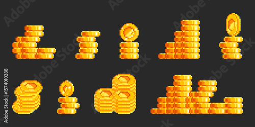 Pixel gold coin stacks in retro 8 bit style - shiny yellow currency piles of various heights for arcade games. Bright metallic classic video game money icons for platformer treasure or casino themes.