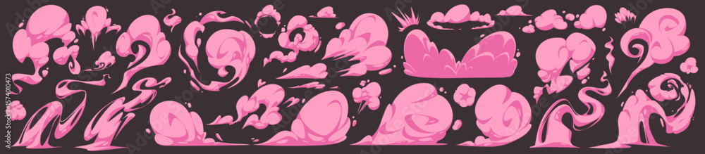 Obraz premium Pink comic smoke effects set - stylized cloud puffs, swirls, vapor trails and explosion bursts on dark background. Cartoon magical spells, fantasy transformations, kawaii action scenes in anime style.