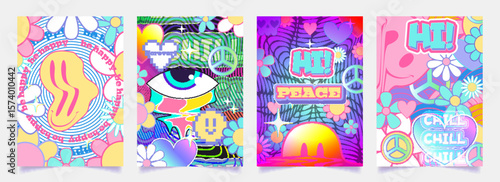Retro y2k poster designs with psychedelic colors - melting smile faces, giant eye, peace signs and daisy flowers. Groovy sticker style graphics for nostalgic party flyers or trendy social media posts.