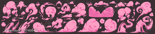 Pink comic smoke effects set - stylized cloud puffs, swirls, vapor trails and explosion bursts on dark background. Cartoon magical spells, fantasy transformations, kawaii action scenes in anime style.