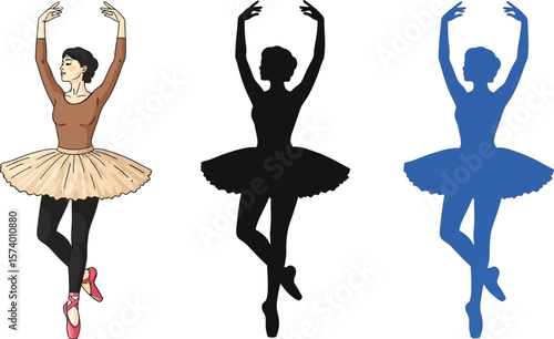 Three ballerinas in different styles with arms raised in a graceful pose dance art