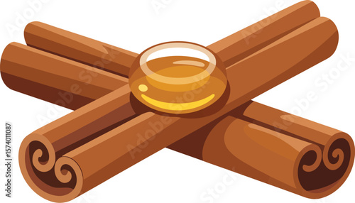 A simple still life of cinnamon sticks crossed with a small dish of honey on a neutral background art