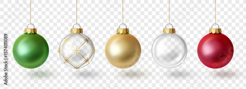 3d Christmas tree bauble set - green shiny sphere, glass ornament with golden pattern, metallic gold ball, transparent glass globe and red festive decoration hanging on strings for holiday designs.