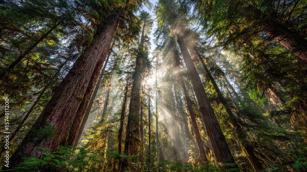 Obraz premium Enchanted Misty Forest with Towering Red-Barked Trees and Sunbeams Piercing Ancient Canopy