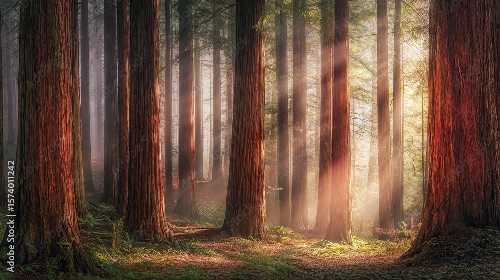 Fototapeta premium Enchanted Misty Forest with Towering Red-Barked Trees and Sunbeams Piercing Ancient Canopy
